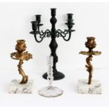 A mixed lot comprising: a pair of circa 1900 gilded bronze candlesticks in organic form and on
