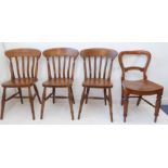 Three lathe-back chairs (in 19th century style), together with a 19th century oak hall-style