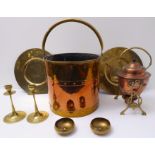 Brass and copper ware comprising: a good late 19th / early 20th century brass and copper-riveted