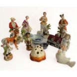 Assorted china to include a pair of Naples figures, a pair of Chelsea (?) figures and a Clarice