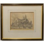 Early 19th century English School - Figures cavorting before a parish church, pencil (5¾ x 7¾in (