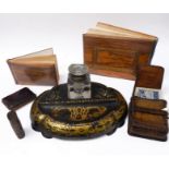 Interesting collectibles to include a 19th century papier-mȃché inkwell and pen stand, two olive-