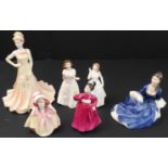Five Royal Doulton and one Coalport figure: 'Rosalind' (H N 2393) (crack); 'Welcome' (H N 3764); '