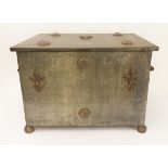 A 20th century metal coal box: fleur-de-lys decoration; tin liner; raised on bun feet (34 x 49.5 x