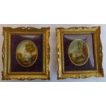 A pair of miniature oval landscapes in oil in early 19th century style (modern), (10 x 8 cm). Gilt