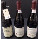 Three bottles of red: Château de Saint Cosme 2015 - Gigondas; 2 x Vacqueyras 2015 - Domaine de la