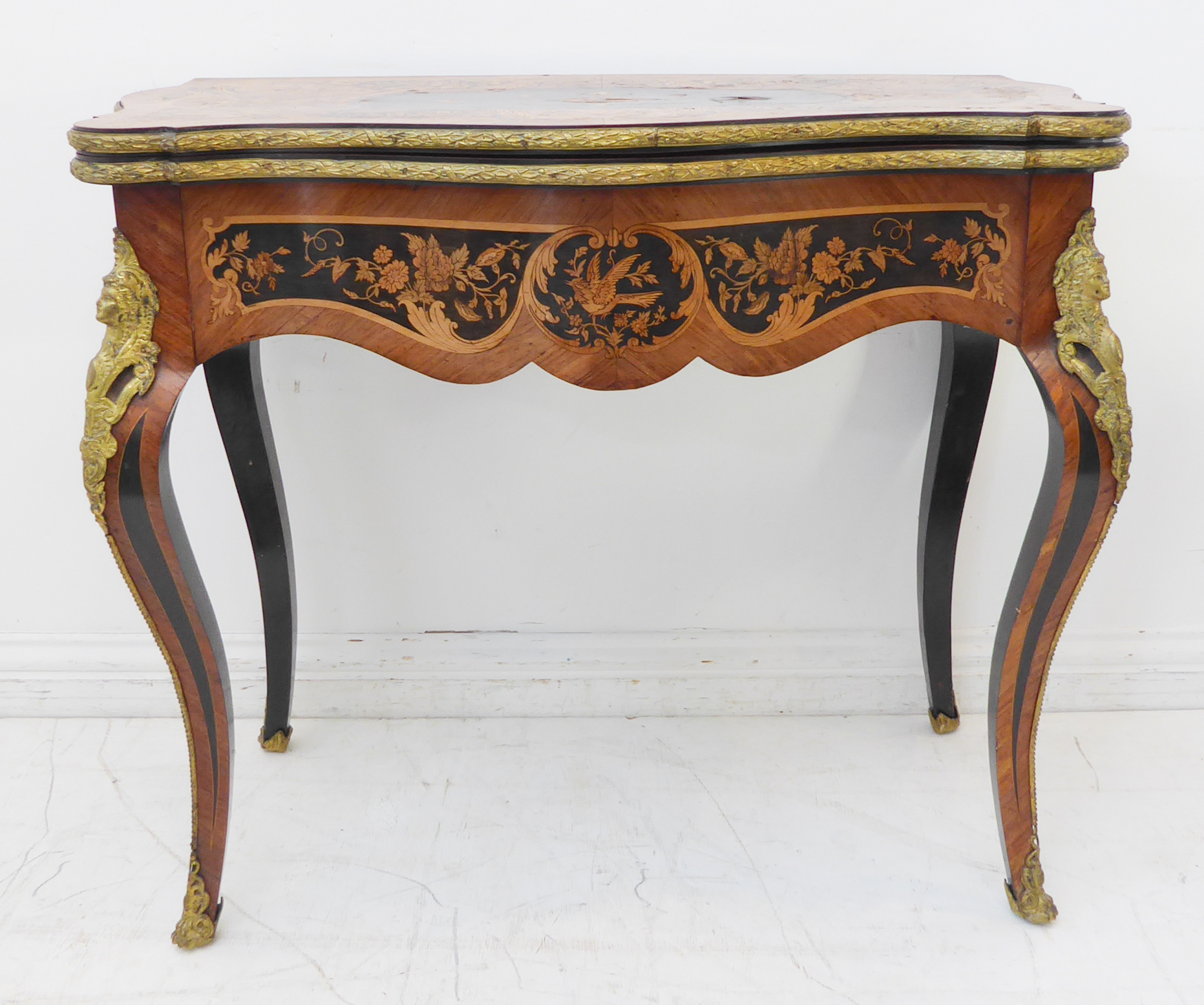 A 19th century ormolu-mounted kingwood and marquetry card table: serpentine-front and foldover - Image 7 of 7