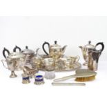 A mixed lot of silver-plated wares to include a tea and coffee service, oval tray and a vanity-set.