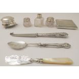 Eight small silver items: a cigarette case with engine-turned decoration and vacant cartouche (