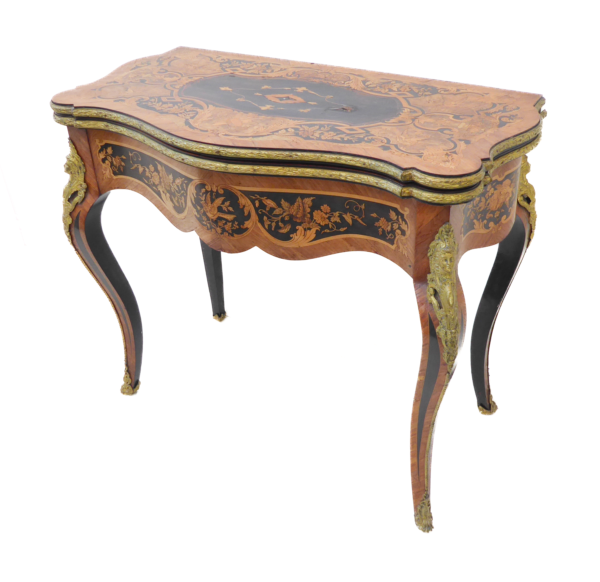 A 19th century ormolu-mounted kingwood and marquetry card table: serpentine-front and foldover