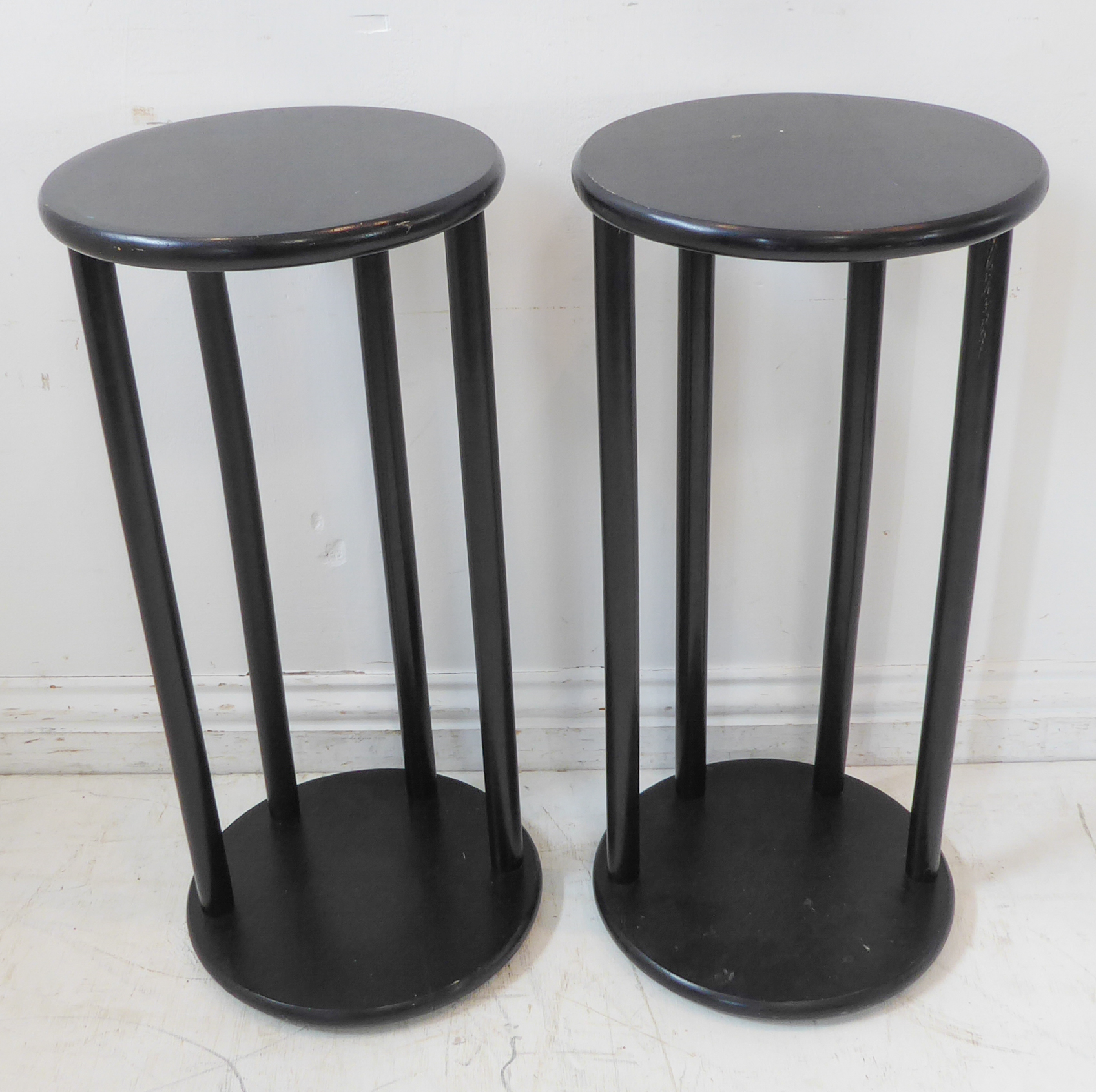 A pair of circular ebonised wooden stands (30cm diameter x 65cm high) - Image 3 of 3