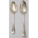 Two similar mid-18th century hallmarked silver tablespoons, one with engraved lettering, London