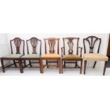 Five chairs to include 18th century examples: three in Hepplewhite style (one with Prince of Wales
