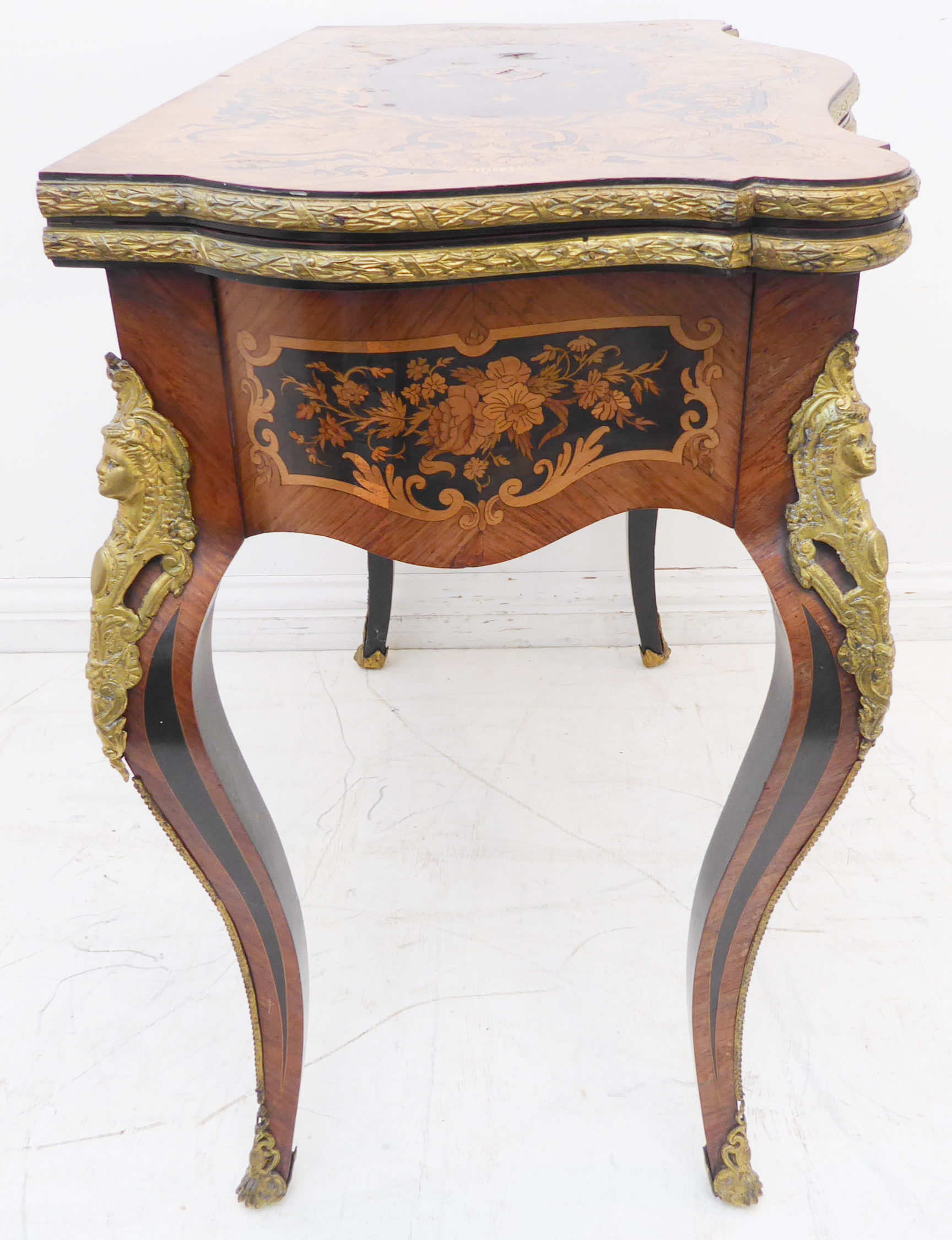 A 19th century ormolu-mounted kingwood and marquetry card table: serpentine-front and foldover - Image 6 of 7