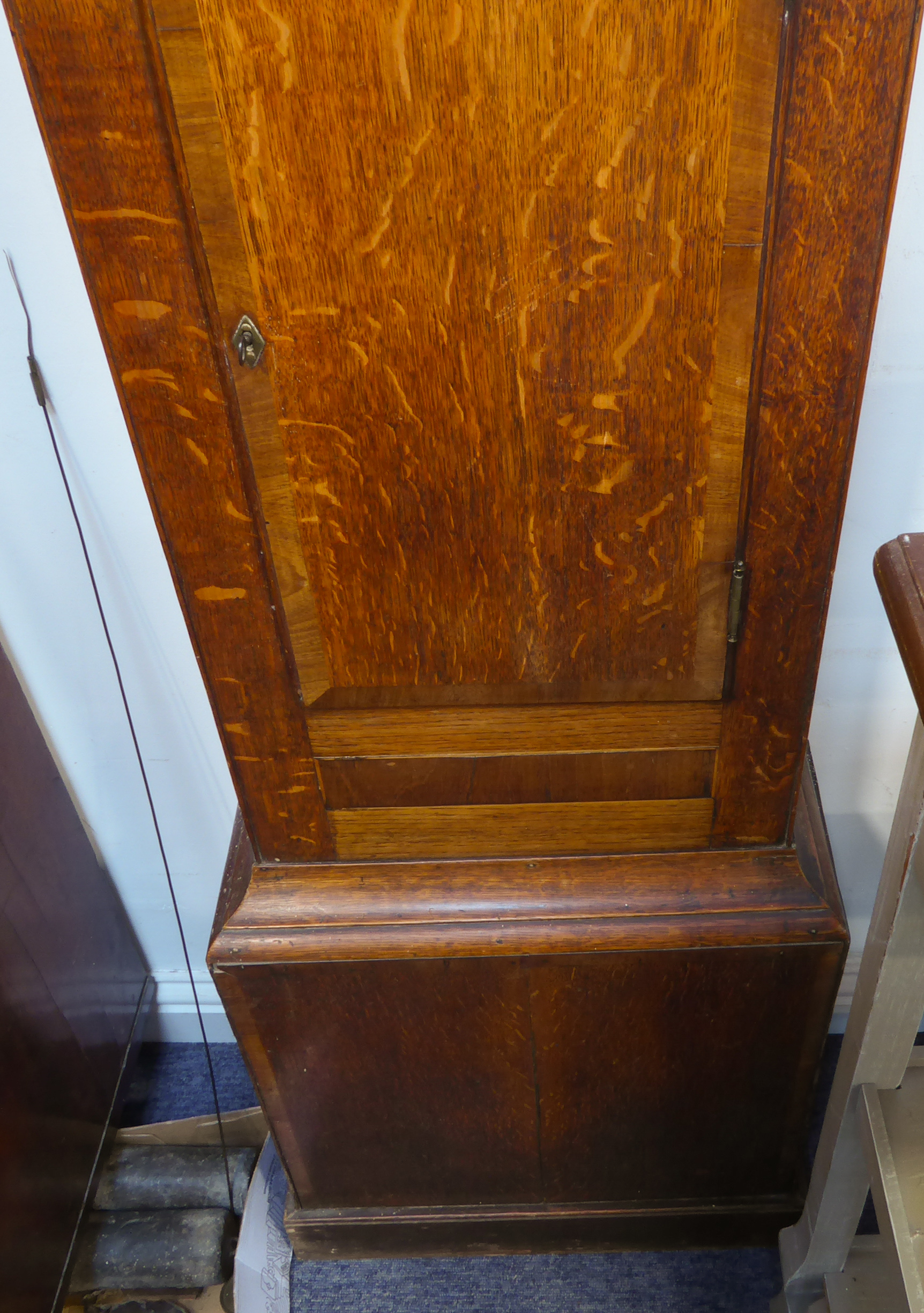 A 19th century thirty-hour oak longcase clock: the broken swan-neck pediment above a glazed hood - Image 5 of 5