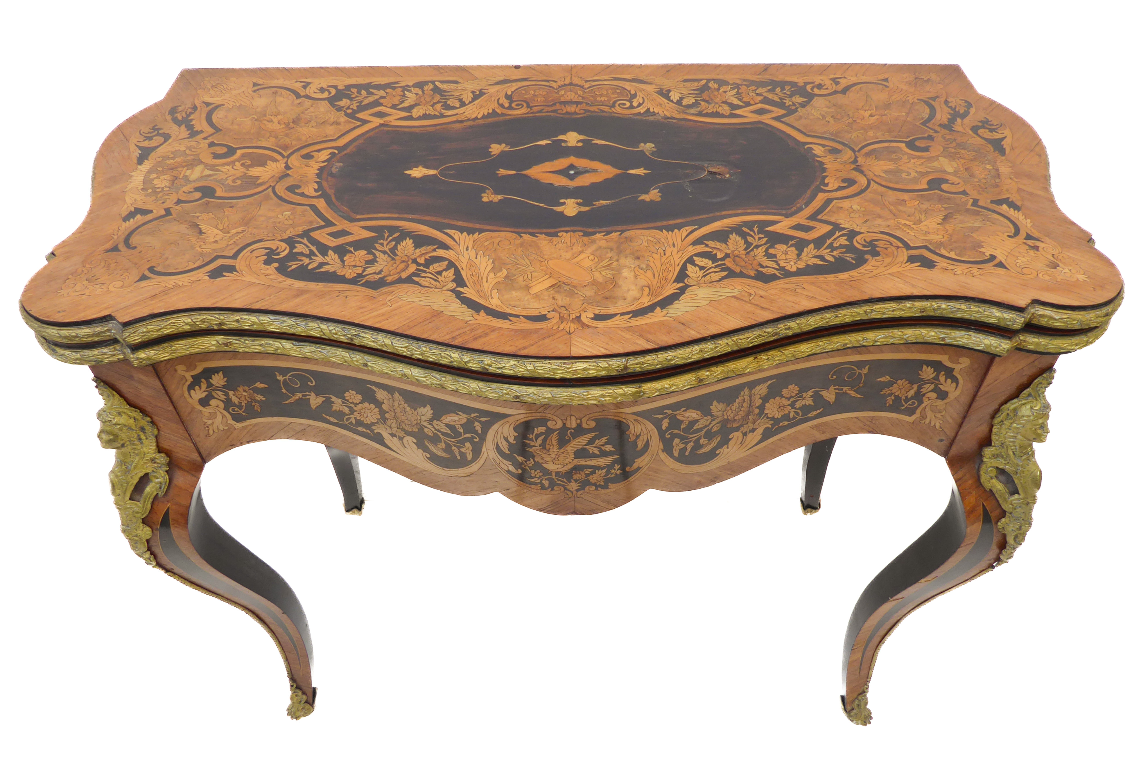 A 19th century ormolu-mounted kingwood and marquetry card table: serpentine-front and foldover - Image 2 of 7