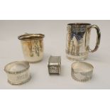 A silver group of five: a Victorian tankard with bright cut engraved borders, Sheffield 1898 (with