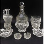 Very fine cut-glassware to include: a mallet-shaped decanter with later stopper; a baluster-shaped