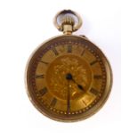 A lady's open-faced pocket watch: ornately engraved gold case marked 'K18';  blue steeled hands