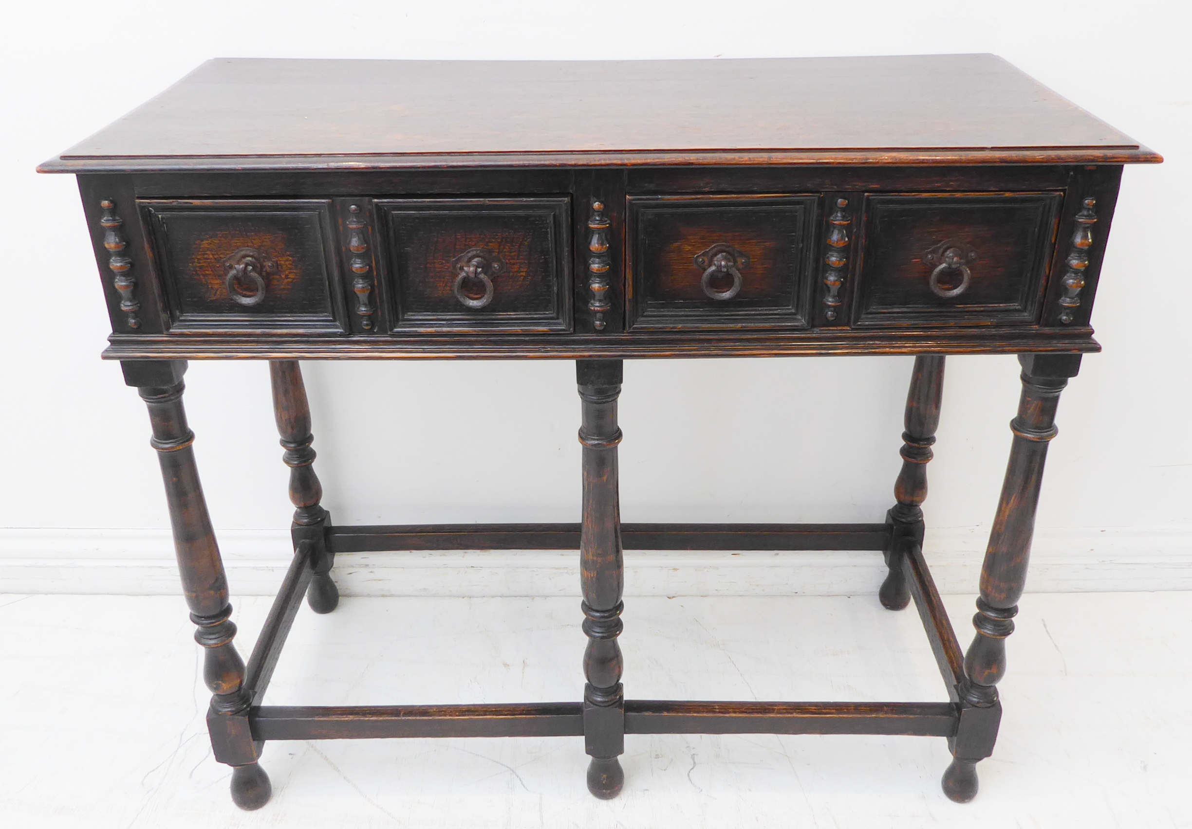 An early 20th century oak side table in late 17th century style: the moulded top above two half- - Image 3 of 5