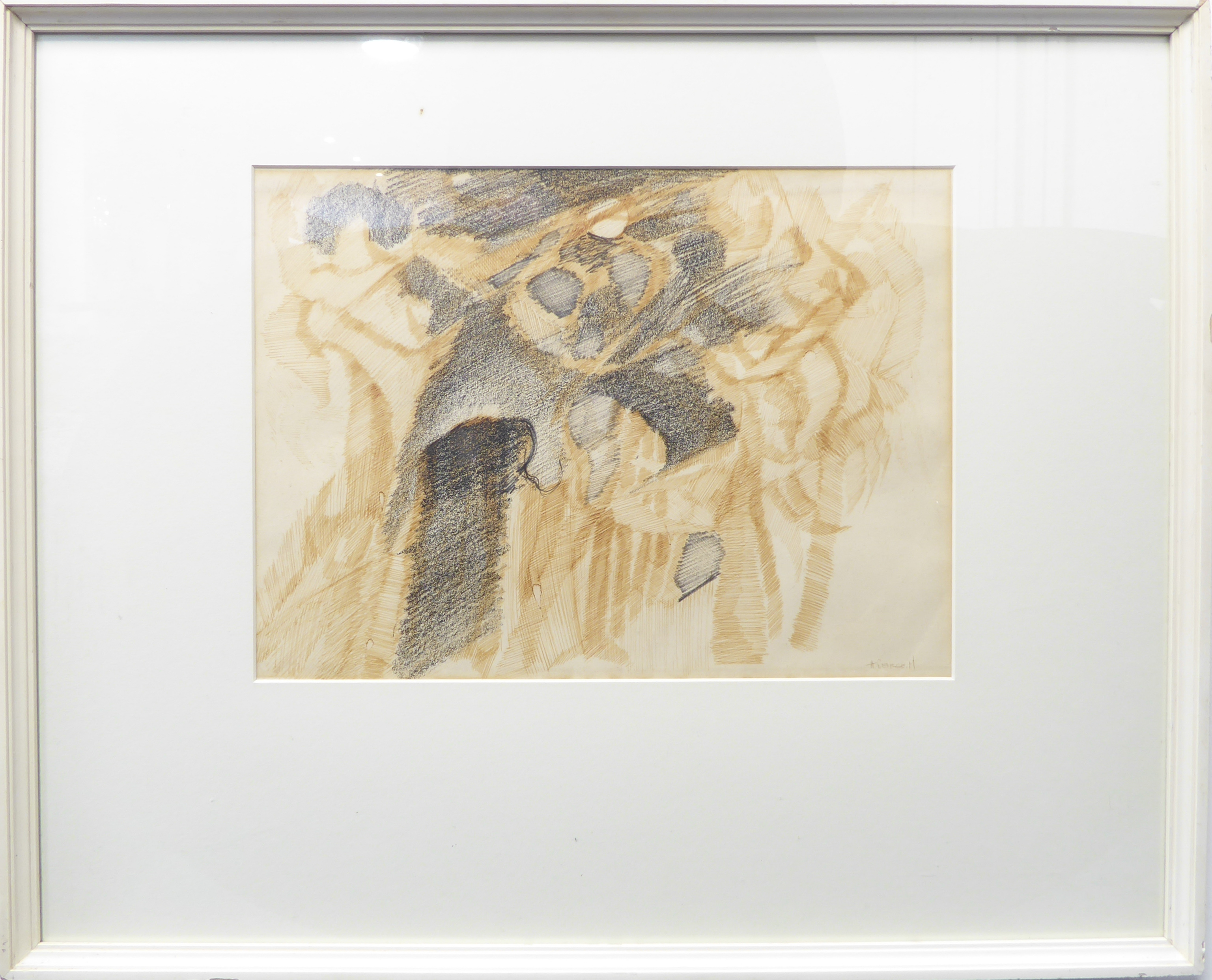 A graphite and watercolour surrealist study, signed H GEORGE. M, framed and glazed (28 x 38.5cm)