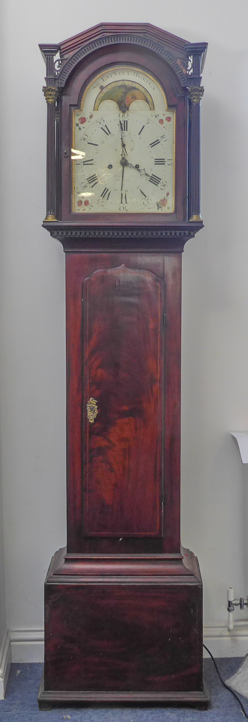 A late 18th century mahogany-cased eight-day longcase clock: the twelve-inch painted dial with