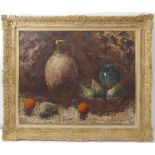 A large oil on canvas impasto-style still life of a terracotta jug, vase and bowl of pears, signed