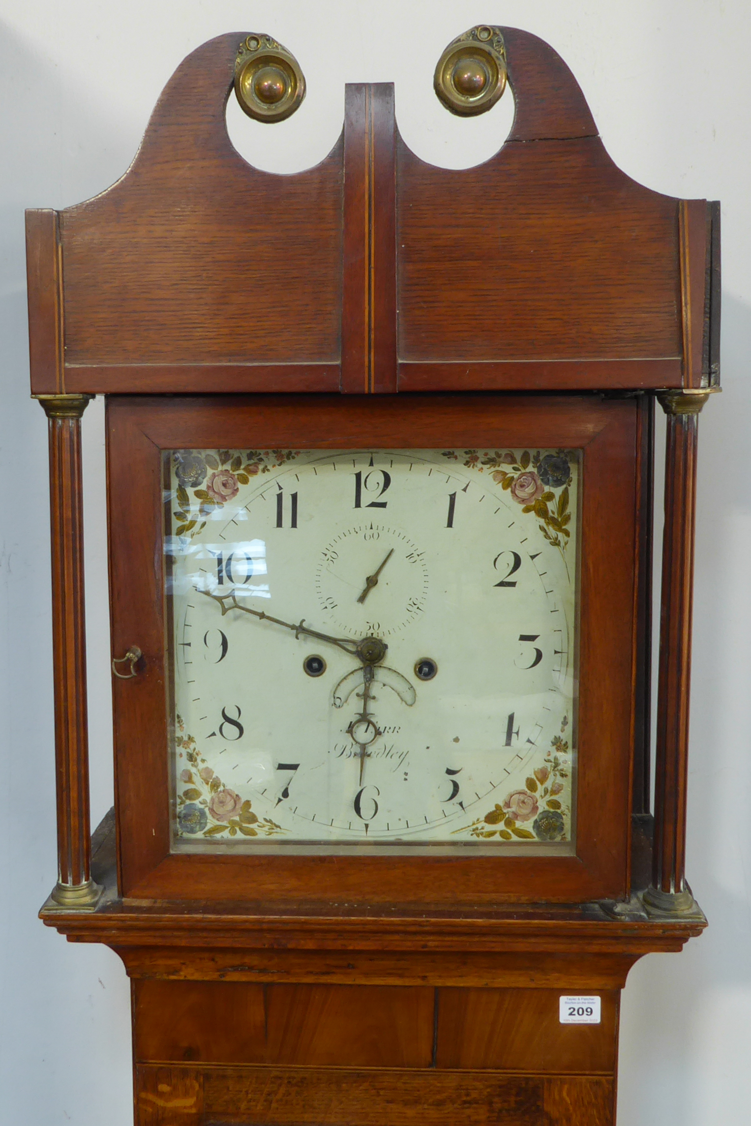 A 19th century thirty-hour oak longcase clock: the broken swan-neck pediment above a glazed hood - Image 2 of 5