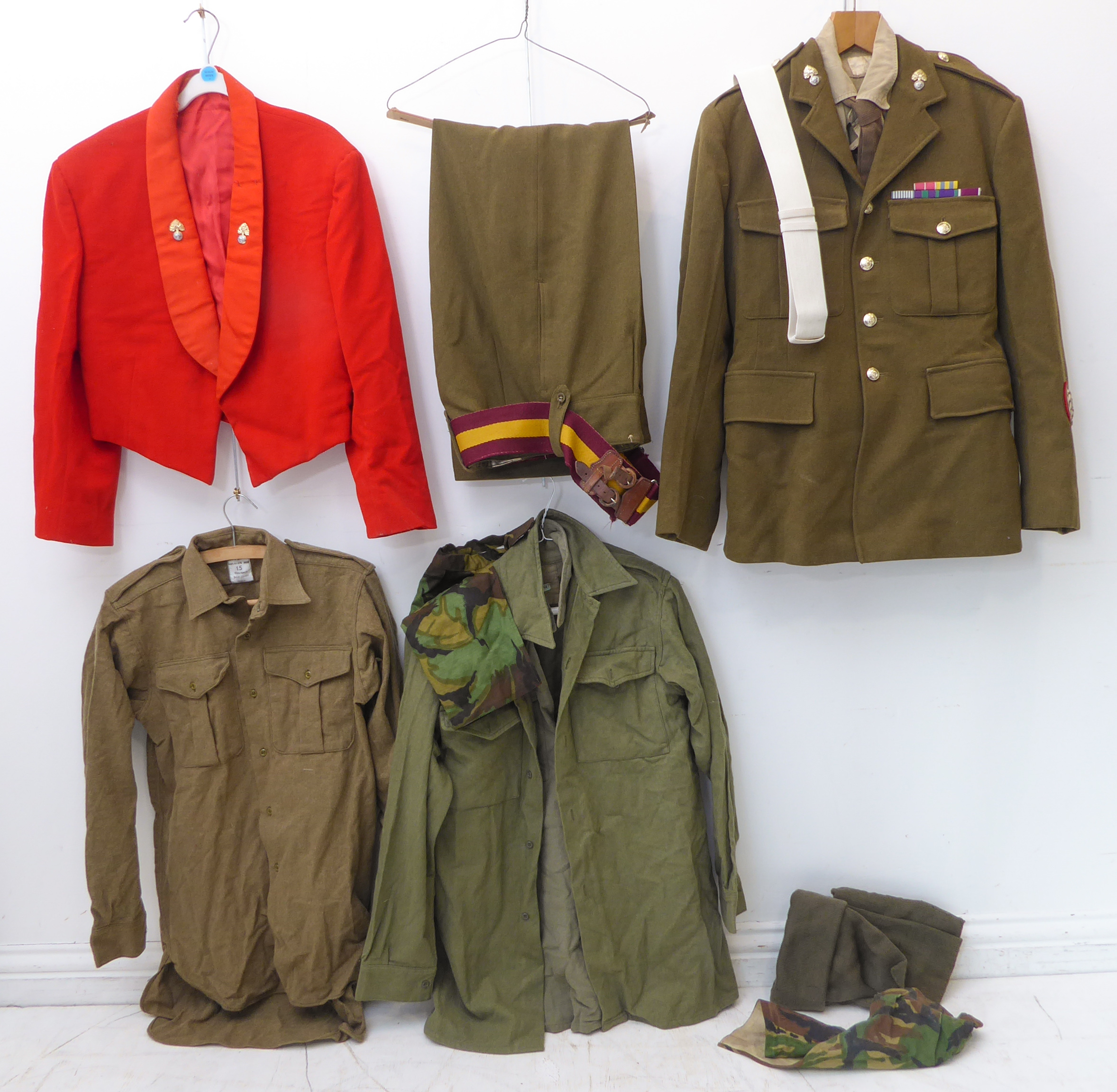 Articles of 1960s British Army uniform: a No. 2 Dress tunic, trousers and tunic-belt (missing