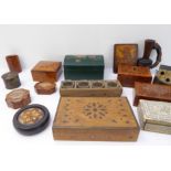 A good selection of mostly treen boxes and associated items to include: a mother of pearl inlaid