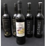 Five bottles of red: 2 x Flôrel Reserve 2021 - Malbec - Mendoza  2 x Black Garden 2020 - Shiraz  -