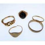 Five assorted rings, including; one signet, three 9-carat hallmarked (one a/f), various sizes (