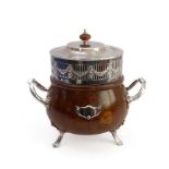 An interesting early 20th century silver-plate-mounted oak biscuit barrel: two-handled; cauldron-
