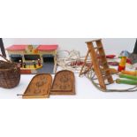 Miscellaneous wooden toys comprising: three skipping ropes; two pairs of striped skipping rope