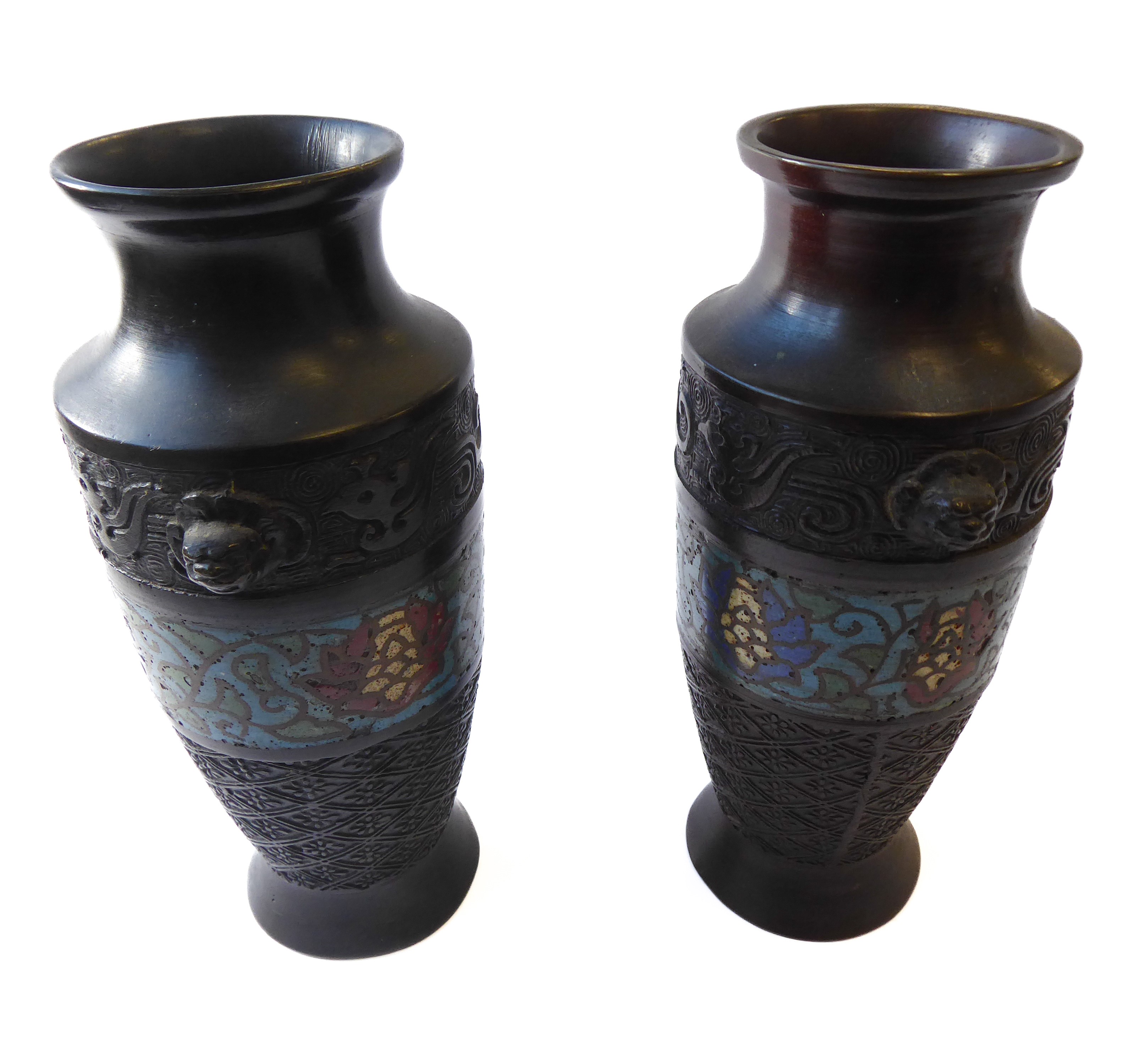 A pair of early 20th century Japanese metal vases decorated with a central cloisonné scrolling - Image 3 of 4