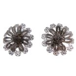 A pair of flowerhead-shaped fine filigree silver earrings