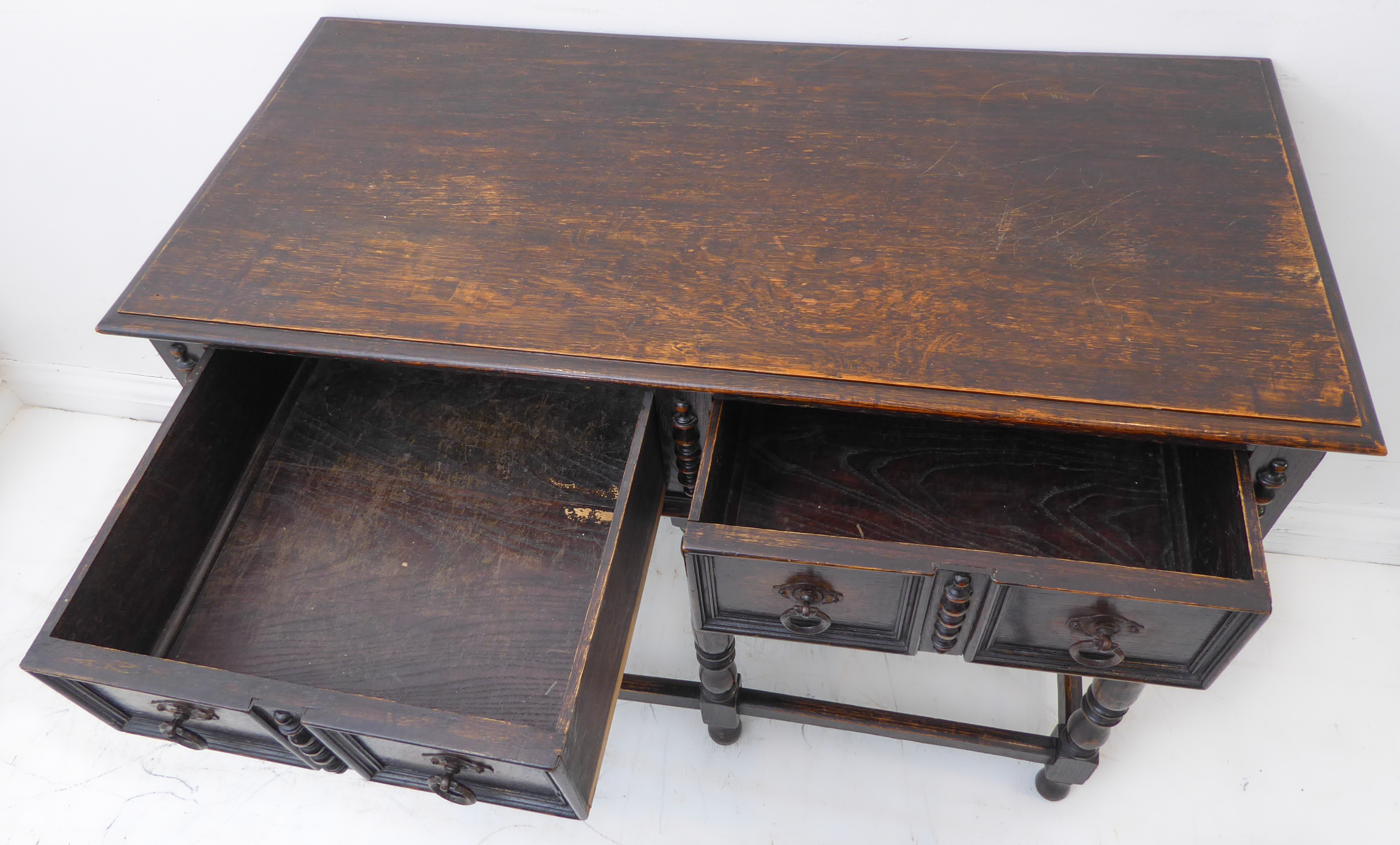 An early 20th century oak side table in late 17th century style: the moulded top above two half- - Image 5 of 5