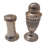 A late 18th century hallmarked silver neoclassical pepperette (probably Sheffield 1792). Together