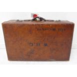 Early 20th century leather suitcase with embossed inscription "W.H.C Keep This Side Up" with