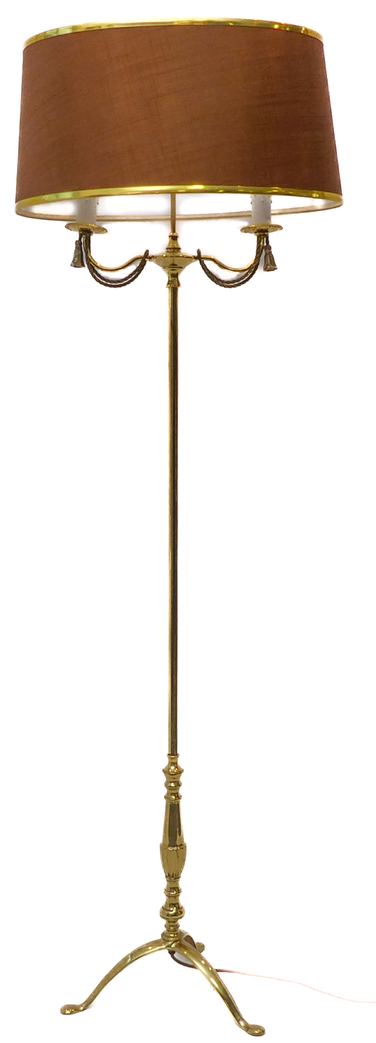 A brass lamp-standard with oval brown shade: two lights with rope-effect decoration and on tripod