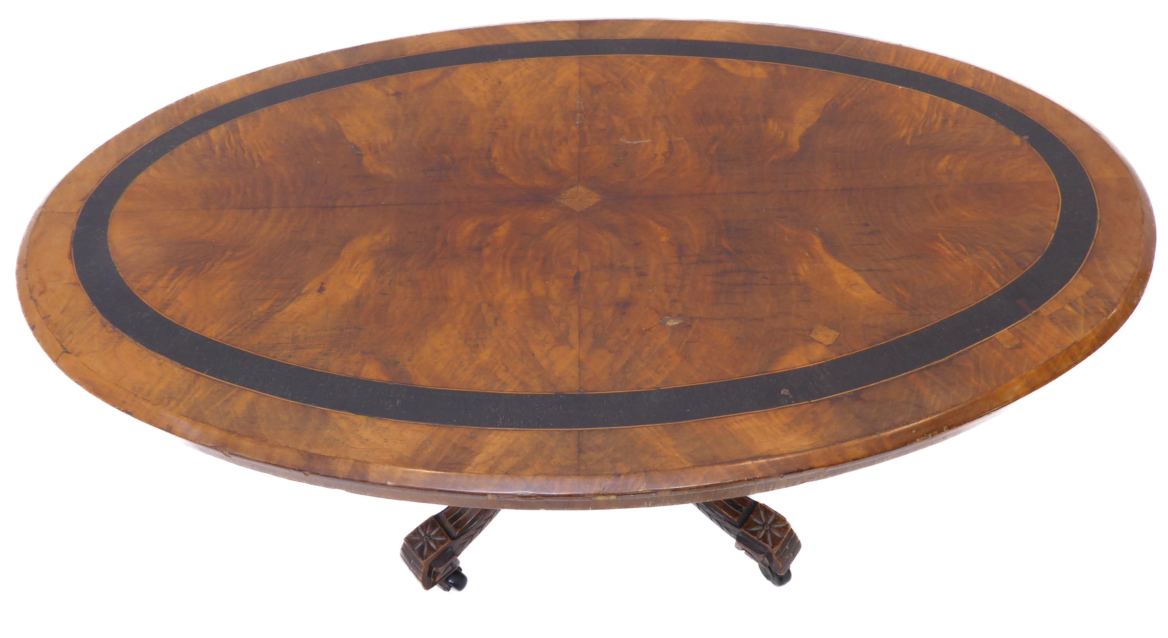 A 19th century oval walnut and banded coffee/occasional table on four carved, downswept legs - Image 3 of 3