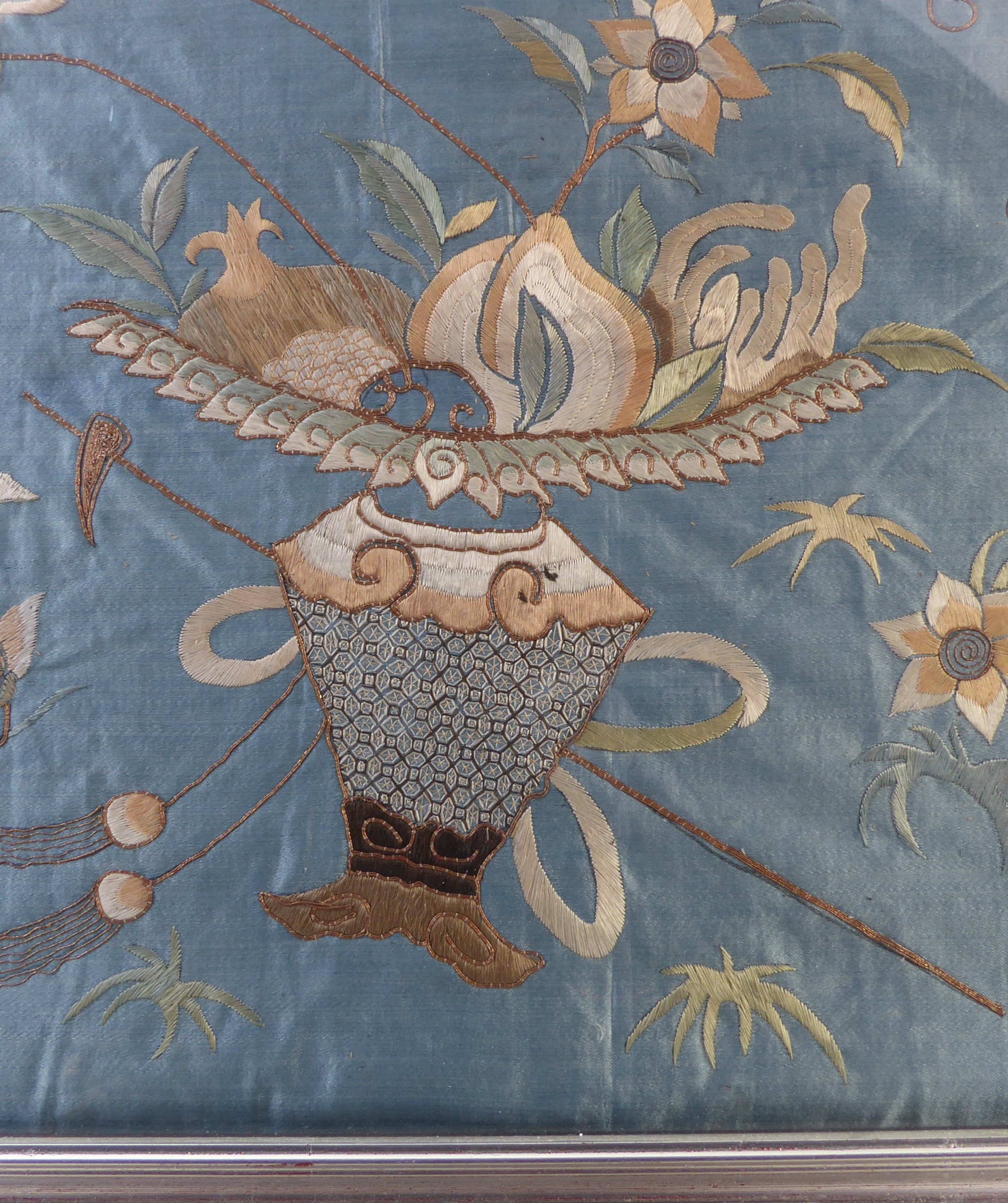 A pair of silver framed and glazed (later) Chinese embroideries on silk: each depicting a central - Image 4 of 4