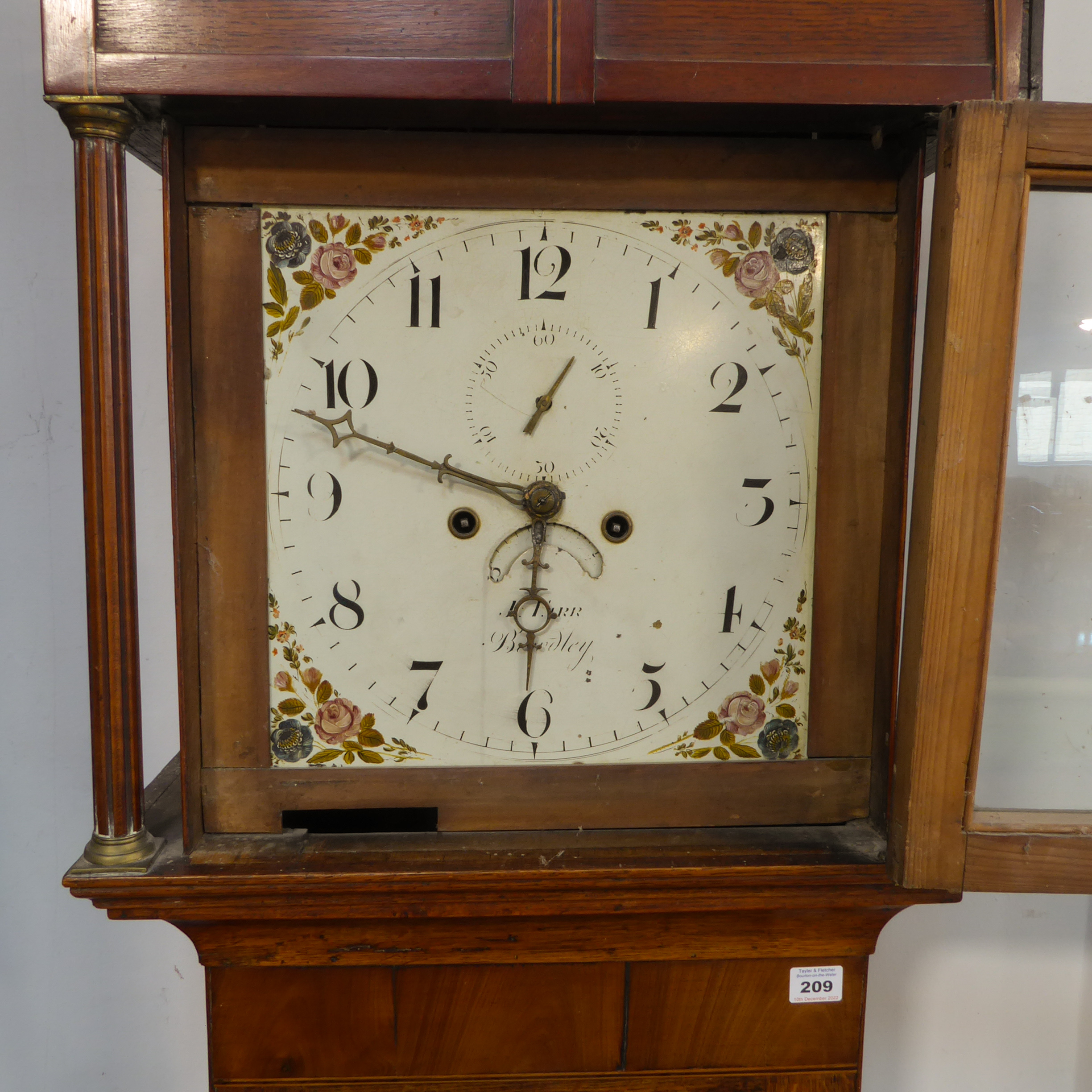 A 19th century thirty-hour oak longcase clock: the broken swan-neck pediment above a glazed hood - Image 3 of 5