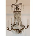A good gilt-metal-mounted circular five-light chandelier with faceted cut-glass droplets (some