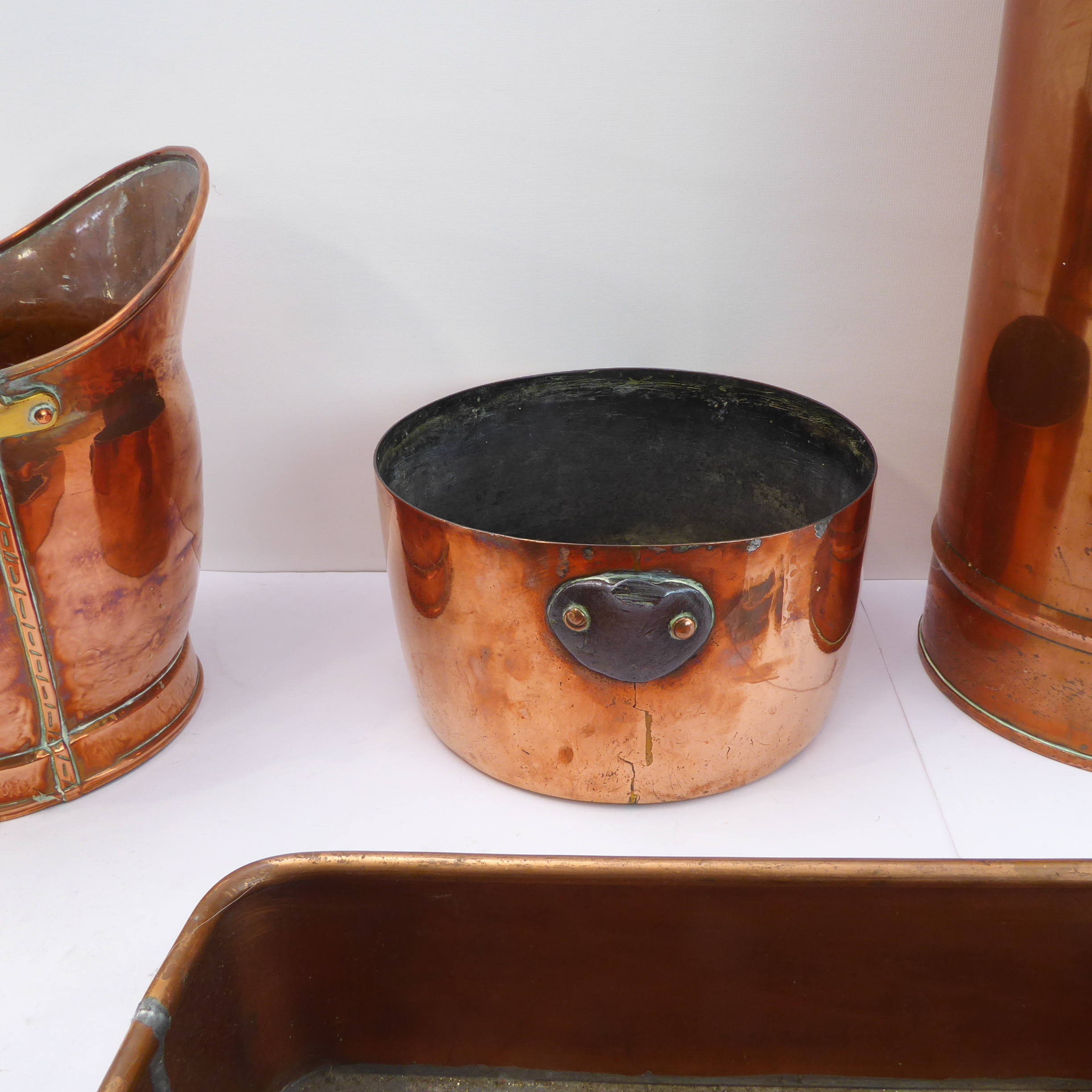 Five items of late 19th and early 20th century metalware: a copper pail with swing-handle; a tall - Image 2 of 7