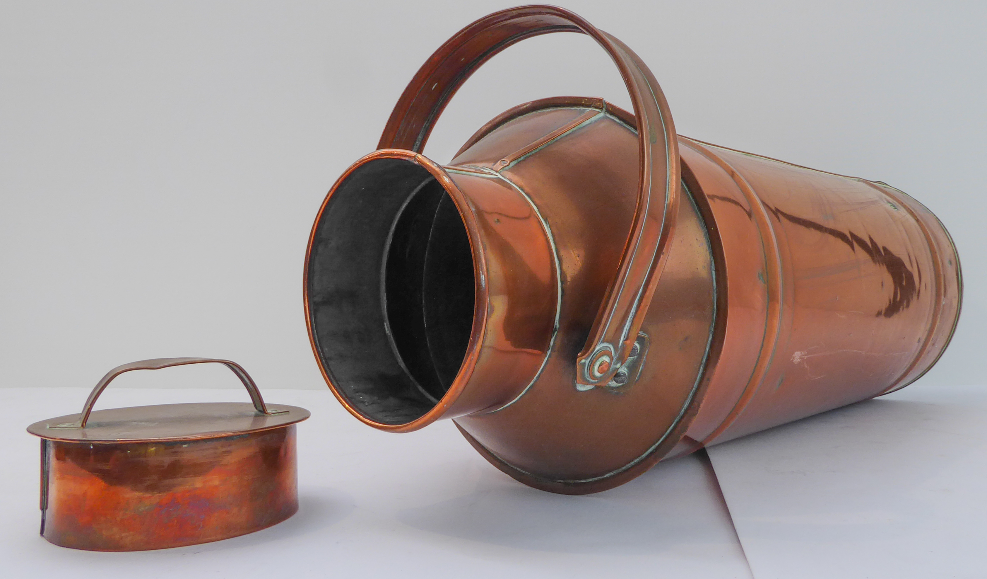 Five items of late 19th and early 20th century metalware: a copper pail with swing-handle; a tall - Image 7 of 7