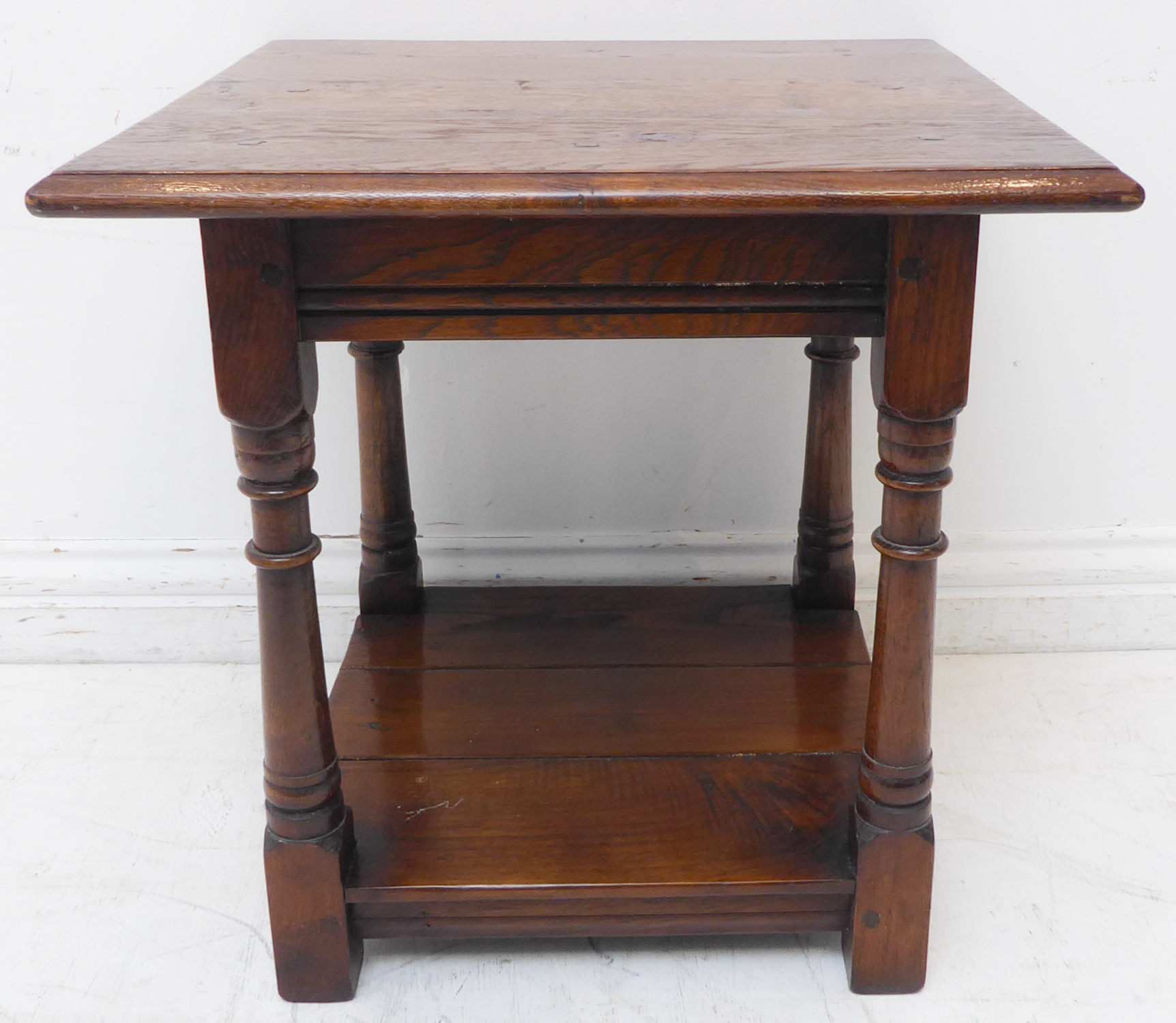 A good square modern reproduction oak occasional table on gun barrel style legs united by a - Image 2 of 3