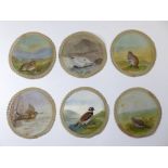 Six hand-painted doilies depicting game birds: Quail; Woodcock; Partridge; Ringed Plover; Hen