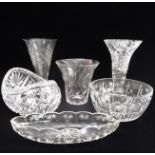 Six pieces of fine cut-glassware: two trumpet-shaped vases (the larger vase with small chip to rim);