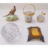 Five pieces of decorative bijouterie: a Limoges hand-decorated and gilt-metal-mounted box and